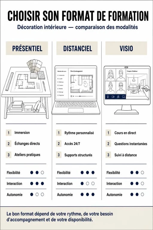 Comparatif des formats de formation en décoration intérieure : présentiel, distanciel et visio