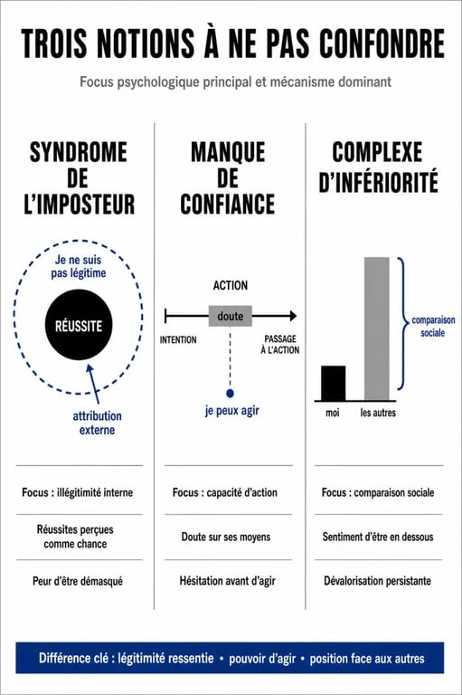 Infographie comparative des différences entre syndrome de l'imposteur, manque de confiance et complexe d'infériorité