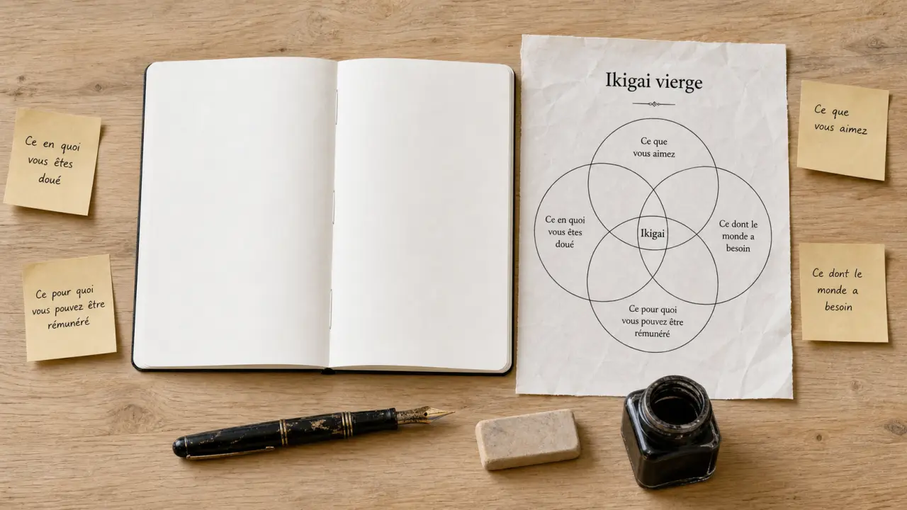 Ikigai vierge avec 4 cercles à remplir, vue de dessus