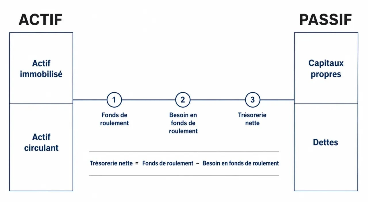 Analyse du bilan comptable : schéma des liens entre actif, passif, fonds de roulement, besoin en fonds de roulement et trésorerie nette