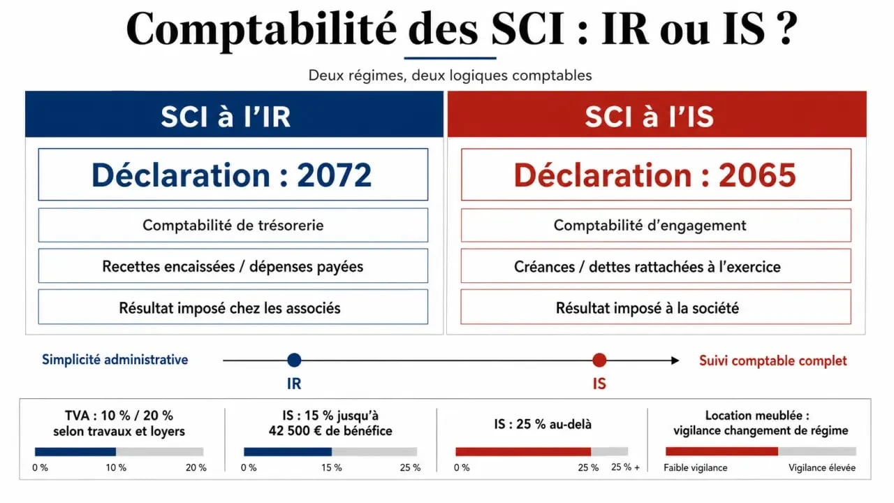 Comptabilité des SCI : comparaison visuelle entre IR et IS, déclarations 2072 et 2065