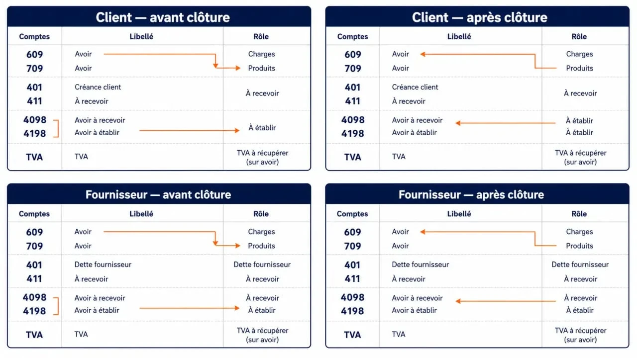 RFA comptabilité : schéma comparatif des écritures client et fournisseur avant et après clôture