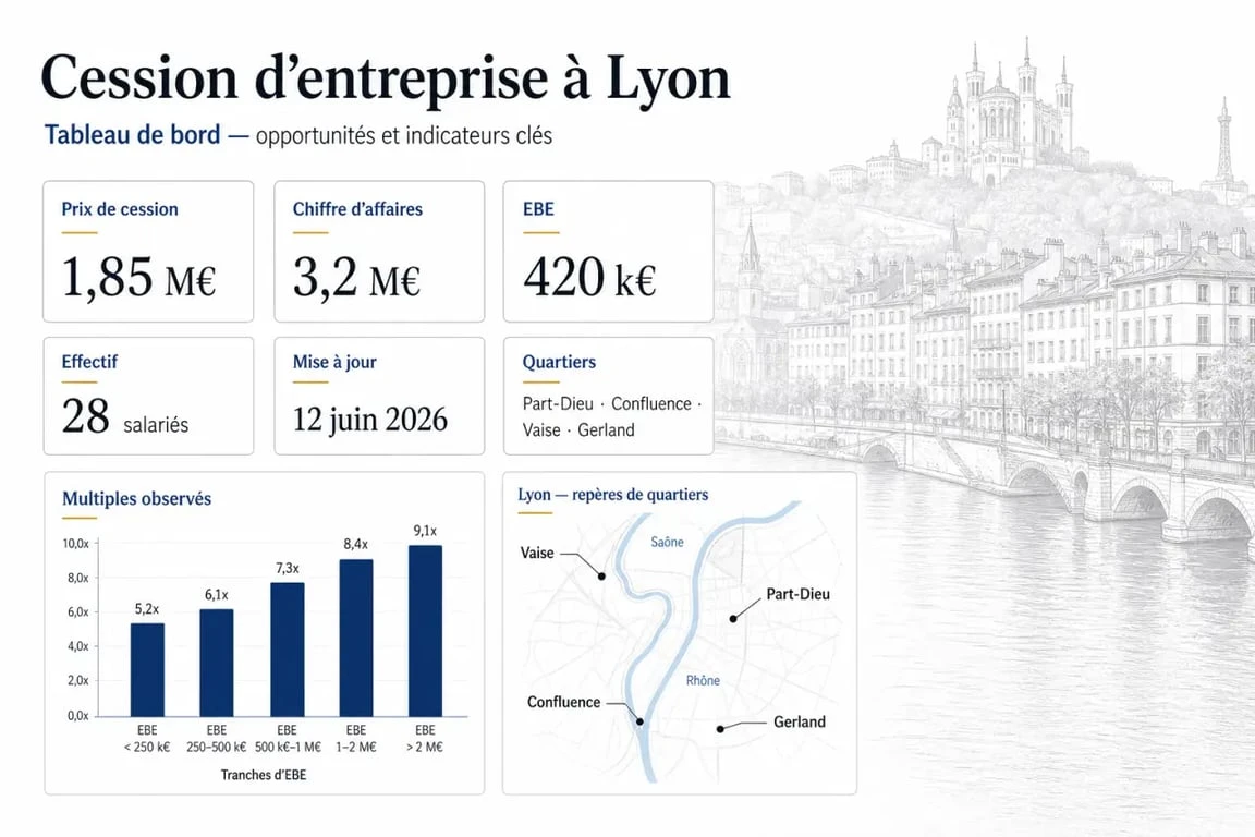 Infographie éditoriale sur la cession entreprise Lyon avec prix, CA, EBE et quartiers