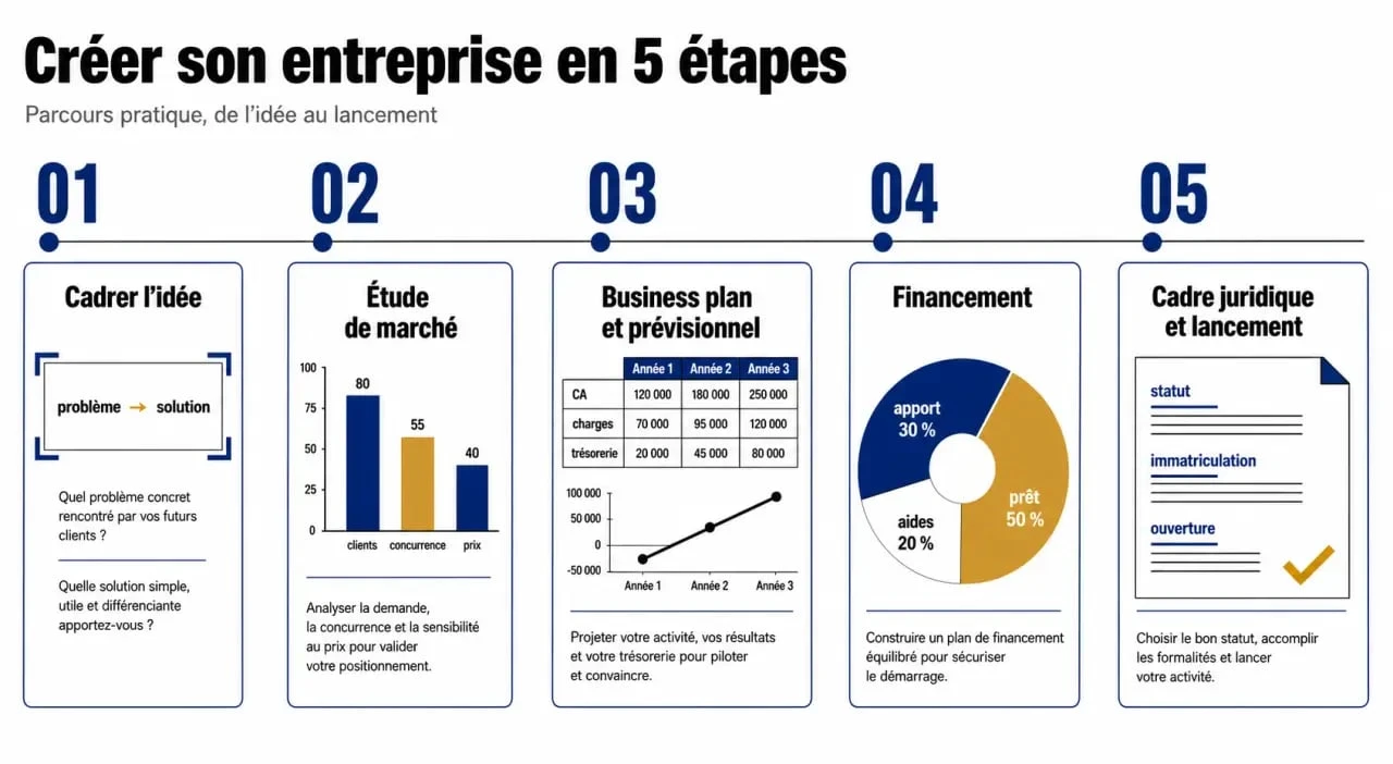 Les 5 étapes de la création d'une entreprise en parcours séquentiel clair