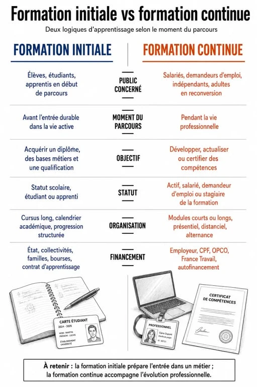 Différence entre formation initiale et formation continue sous forme d'infographie comparative