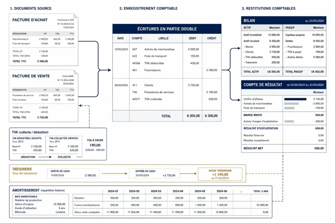 Cours de comptabilité : schéma du passage d’une facture aux écritures, au bilan et au compte de résultat