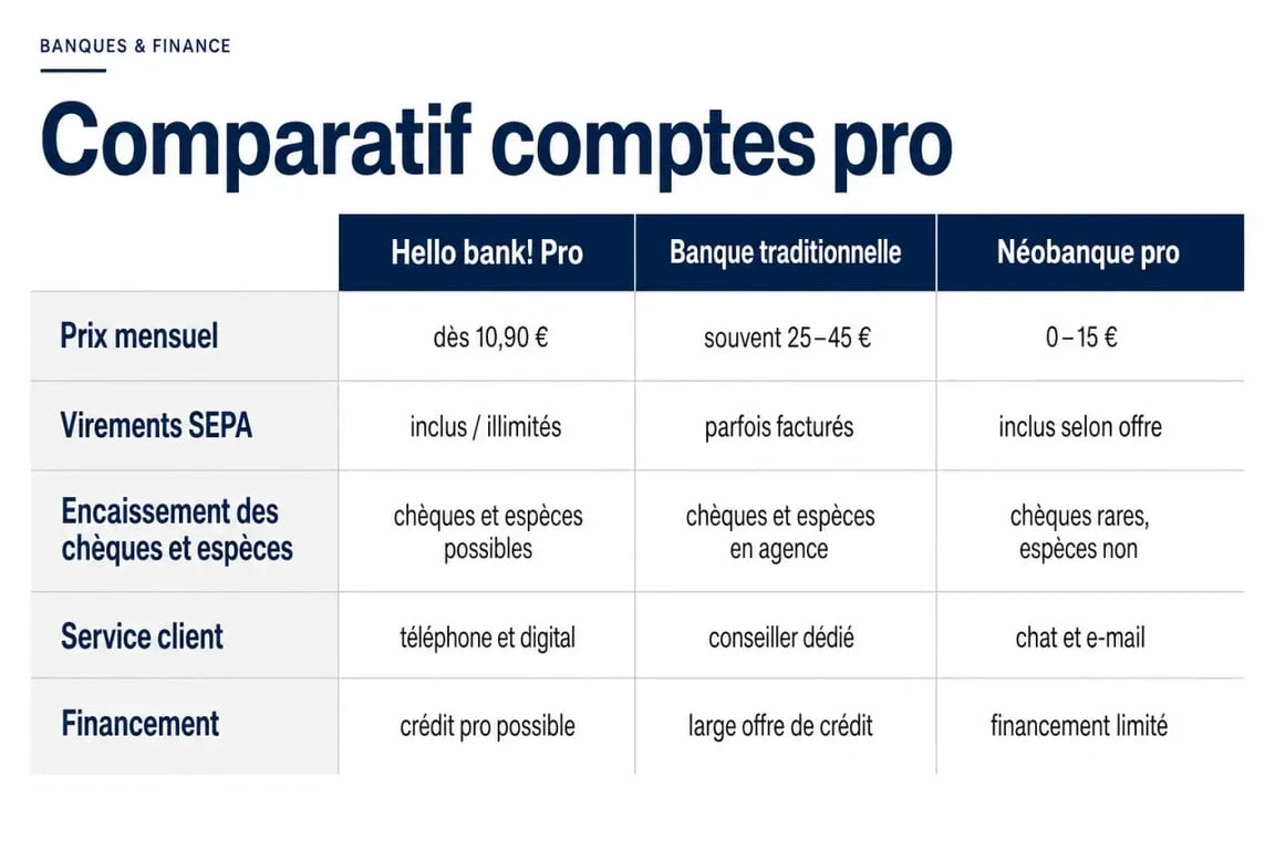 hello bank compte pro : comparaison visuelle des tarifs et services de l’offre Hello Business