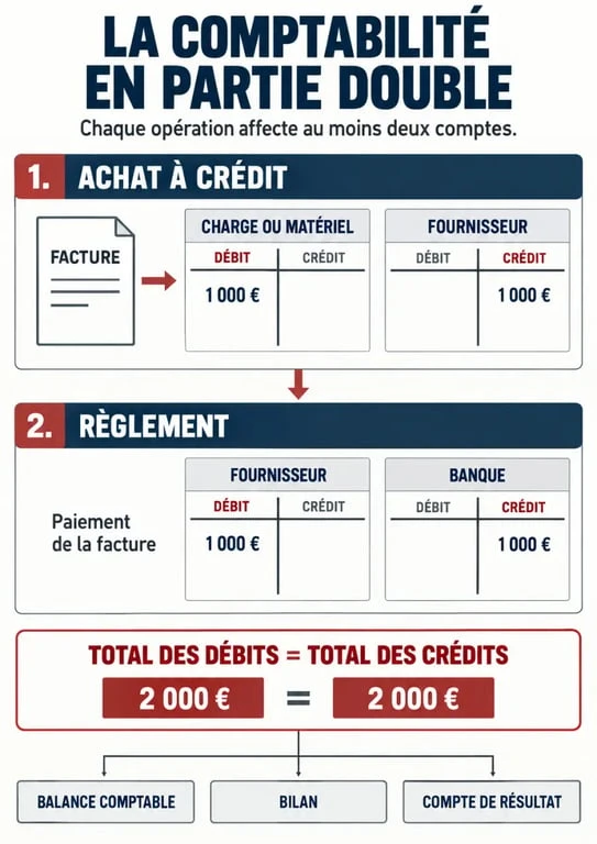 Schéma de comptabilité en partie double avec comptes en T, débit, crédit et règlement d’une facture