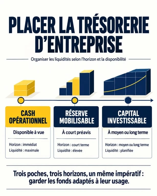 Infographie sur le placement de trésorerie d'entreprise et les trois poches de liquidité